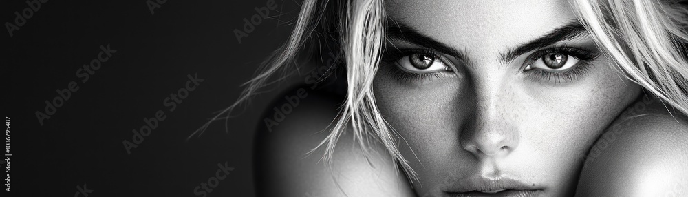 Naklejka premium Edgy model in a minimalist setting, showcasing intense gaze and captivating beauty High-fashion monochrome portrait photography The model's edgy style contrasts sharply with the clean background