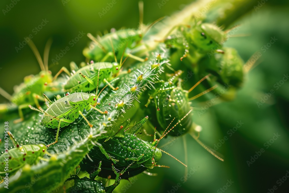 Naklejka premium Aphid Insects, Greenfly On Plant, Small Garden Parasite Animals, Aphids Pest Colony Closeup