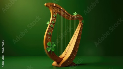 A harp adorned with shamrocks sits against a vibrant green backdrop, representing the traditional music of Ireland during St. Patrick's Day. Concept of St. Patrick's Day Irish music and heritage.
 photo