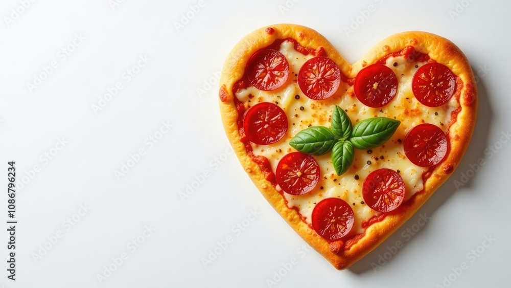 heart-shaped pizza with mozzarella cheese and cherry tomatoes, garnished with basil, is presented on a white background. Concept of a romantic and delicious pizza. heart-shaped pizza with mozzarella cheese and cherry tomatoes, garnished with basil, is presented on a white background. Concept of a romantic and delicious pizza.