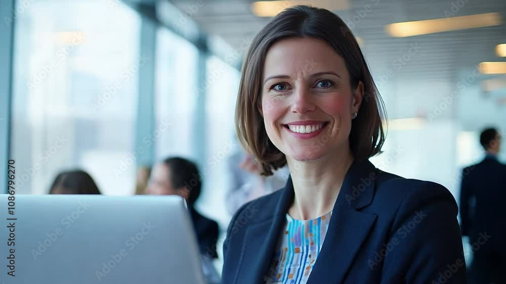 Professional woman in a modern office environment, smiling confidently at the camera while working on a laptop, showcasing empowerment and productivity in the workplace. Professional woman in a modern office environment, smiling confidently at the camera while working on a laptop, showcasing empowerment and productivity in the workplace.