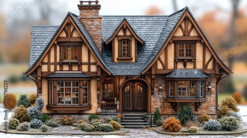 A 3D highly detailed Tudor-style house with timber framing, detailed windows, and a steeply pitched roof. photo