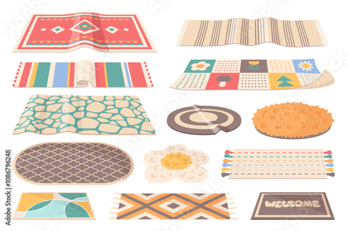 Color textile mats. Wool interior textile, cozy home fabric elements, fluffy patterned doormat, funny carpets different shapes, ethnic and contemporary cartoon flat isolated vector set