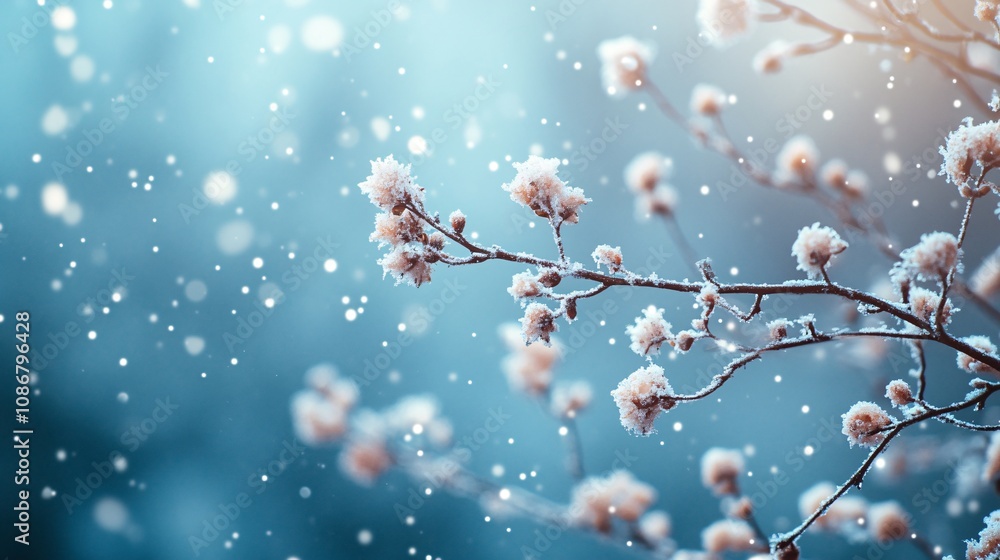 A serene winter scene featuring delicate pink blossoms covered in snowflakes, creating a tranquil and magical atmosphere. A serene winter scene featuring delicate pink blossoms covered in snowflakes, creating a tranquil and magical atmosphere.