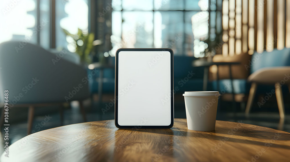 A tablet stands on a wooden table next to a coffee cup, set in a modern cafe with large windows and a cozy interior. A tablet stands on a wooden table next to a coffee cup, set in a modern cafe with large windows and a cozy interior.