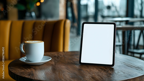 A cozy cafe scene featuring a tablet and a cup of coffee on a wooden table, perfect for work or leisure in a relaxing environment.