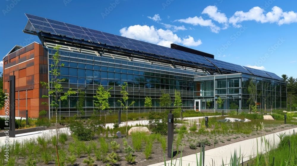 Modern Eco-Friendly Building with Solar Panels Under Bright Blue Sky and Lush Green Landscape, Showcasing Sustainable Architecture and Design Innovations