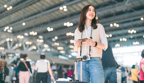 Passenger at international airport terminal for departure with airline transport. Portrait of standing tourist woman to transit with travel luggage on day. People journey on holidays. photo