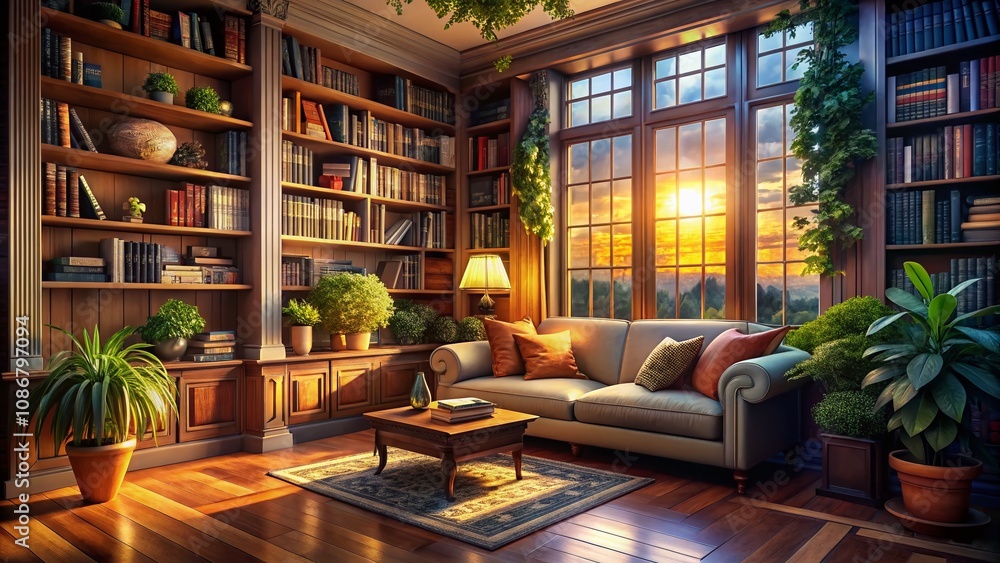 Cozy Home Library - A Tranquil Reading Nook with Warm Lighting, Elegant Bookshelves, Plush Seating, and Soft Textiles; Perfect for Book Lovers and Relaxation Spaces Cozy Home Library - A Tranquil Reading Nook with Warm Lighting, Elegant Bookshelves, Plush Seating, and Soft Textiles; Perfect for Book Lovers and Relaxation Spaces