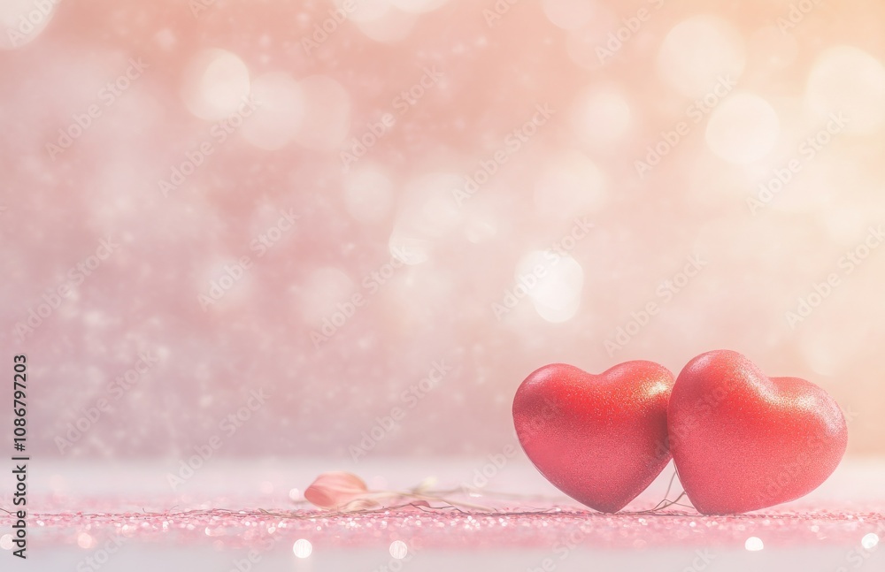 Valentine's Day background with copy space, two red hearts on a pink glitter bokeh, in pastel colors. Valentine's Day background with copy space, two red hearts on a pink glitter bokeh, in pastel colors.