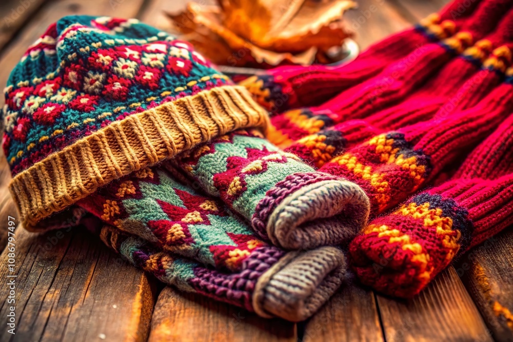 Cozy Macro Photography of Mittens, Gloves, and Hats Against a Warm Autumn and Winter Background, Showcasing Textures and Colors of Cold Weather Apparel Cozy Macro Photography of Mittens, Gloves, and Hats Against a Warm Autumn and Winter Background, Showcasing Textures and Colors of Cold Weather Apparel