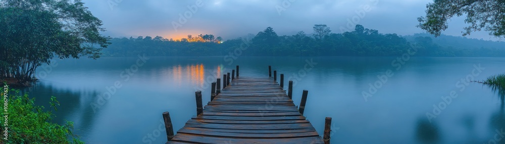 Obraz premium Embark on a Serene Journey of Discovery A Wooden Bridge Extending Over Misty Waters at Dawn, Connecting Shores and Unveiling Hidden Landscapes This Tranquil Scene Captures the Essence of Exploration