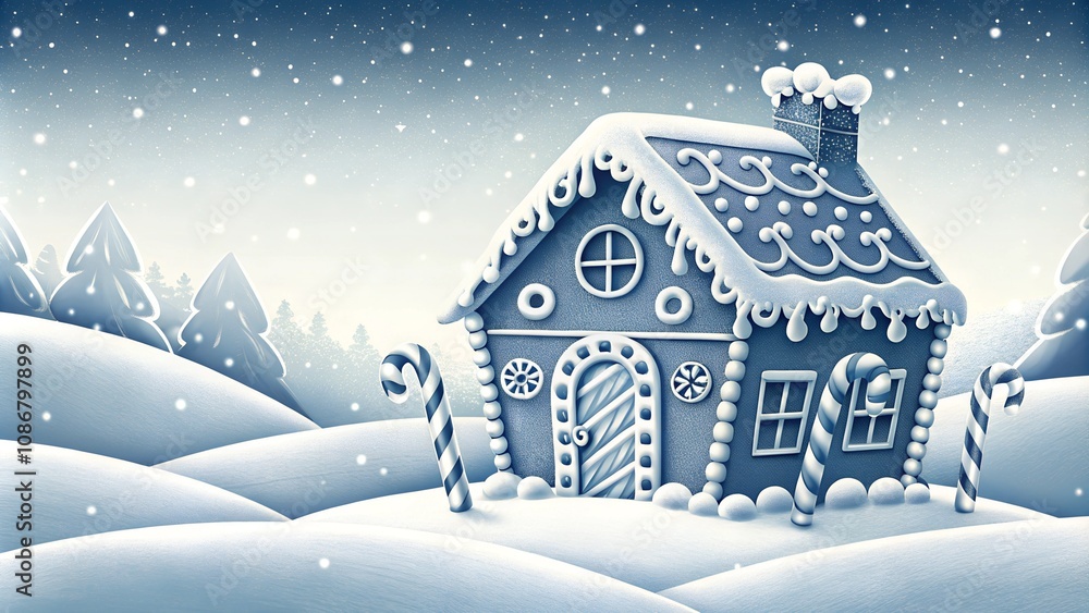 Fototapeta premium Whimsical gingerbread house with candy canes in a snowy landscape during winter