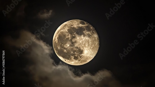 A large, luminous full moon surrounded by wispy clouds in a dark night sky, creating a serene and captivating celestial scene.