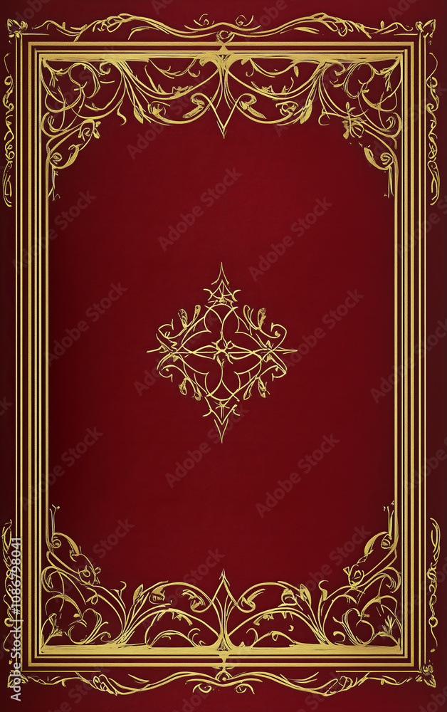 Obraz premium book cover design, in a burgundy color with gold borders and filigree, featuring a simple pattern on the border of the illustration.