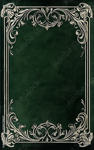 book cover design, in a emerald green color with silver filigree, featuring a simple pattern on the border of the illustration