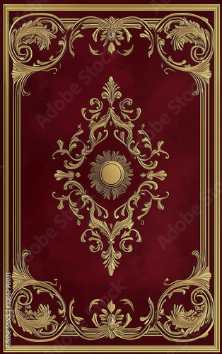 book cover design, in a burgundy color with gold borders and filigree, featuring a simple pattern on the border of the illustration.