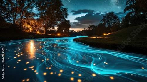 enchanted river glowing under a night sky filled with stars and fireflies