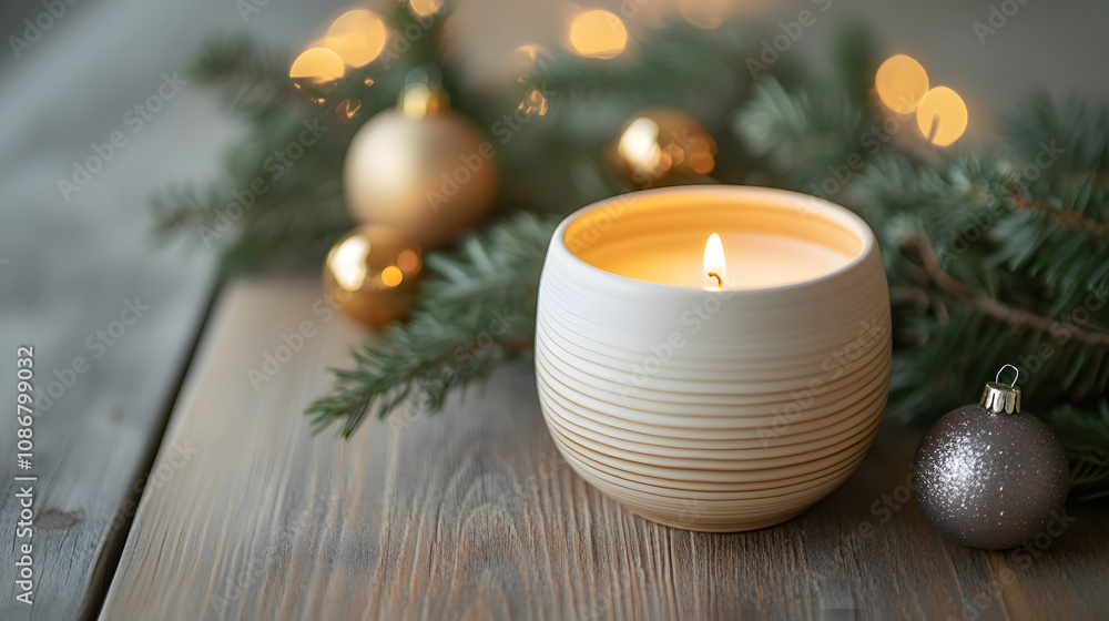 Minimalist Soy Candle Setting a Warm Holiday Mood at Dinner Table. Minimalist Soy Candle Setting a Warm Holiday Mood at Dinner Table.