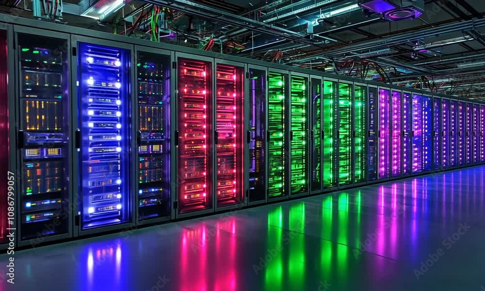 A server room with colorful LED-lit racks, showcasing high-tech data storage equipment. A server room with colorful LED-lit racks, showcasing high-tech data storage equipment.