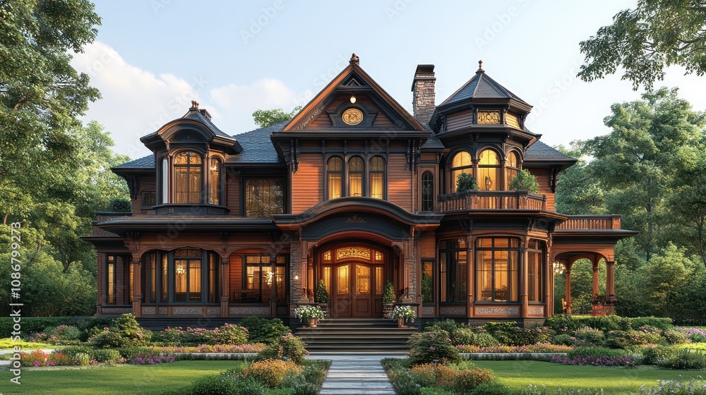 A classic Victorian-style home with detailed gables, wooden siding, and a grand entrance A classic Victorian-style home with detailed gables, wooden siding, and a grand entrance