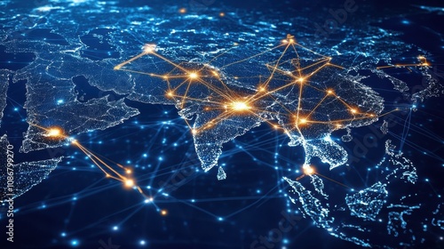 Stunning Digital Representation of Asia with Glowing Network Connections, Highlighting Urban Areas, Technology, and Global Connectivity at Night