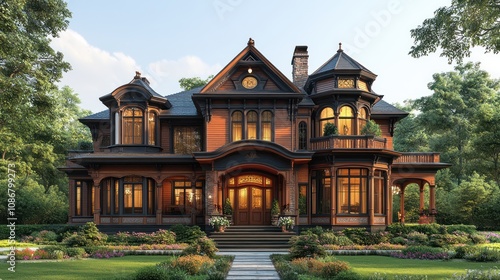 A classic Victorian-style home with detailed gables, wooden siding, and a grand entrance