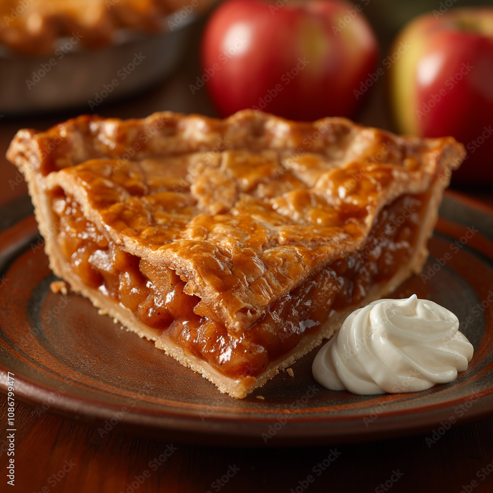 Delicious homemade apple pie served with whipped cream and fresh apples on a rustic wooden table. Generative AI Delicious homemade apple pie served with whipped cream and fresh apples on a rustic wooden table. Generative AI