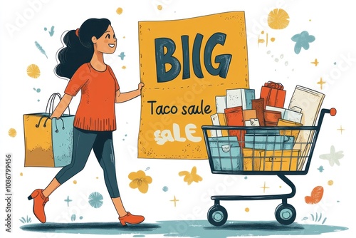 Here's a description and keywords for the image.. Happy woman shopping with full cart, big taco sale sign. photo