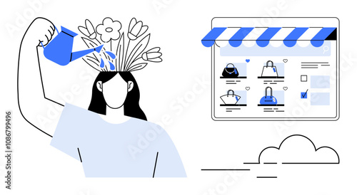 Person watering head, flowers growing, next to online store window with shopping bags. Ideal for self-care, growth mindset, online retail, e-commerce, mental health, digital marketing lifestyle