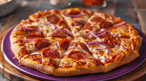 Several perfectly organized pizza around a purple platter