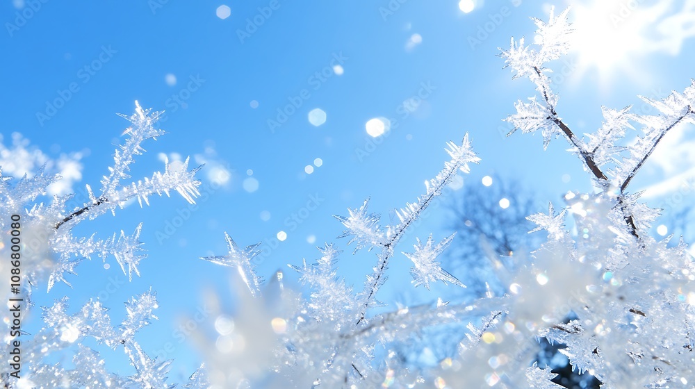 Naklejka premium Beautiful Frosty Branches in a Winter Wonderland with Sparkling Snowflakes and Blue Sky