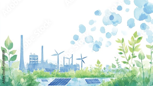  Creative Pattern Depicting an Eco-Friendly Factory Landscape with Plant Illustrations, Solar Energy Elements, Soft Watercolor Tones, Emphasizing Green Sustainability and World Environment Day Themes,