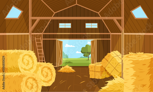 Hay storage barn interior. Wooden room with yellow straw rolls, blocks, dry grass for livestock feed, wheat stalks, countryside background cartoon flat isolated illustration, nowaday vector concept