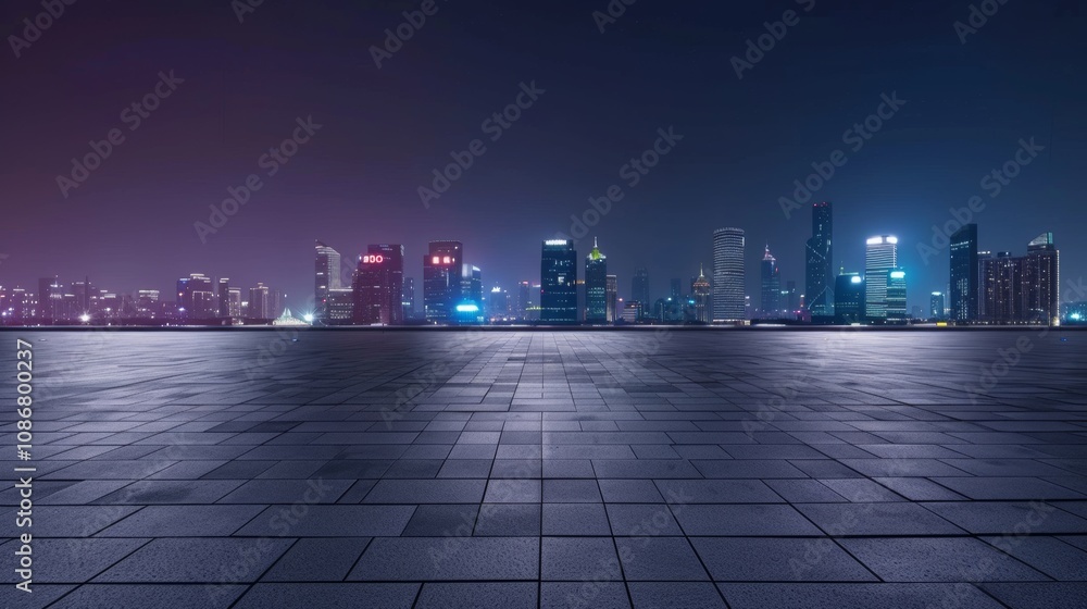 Empty square floor with city skyline background, Technology Innovation Campus development, dawn Empty square floor with city skyline background, Technology Innovation Campus development, dawn