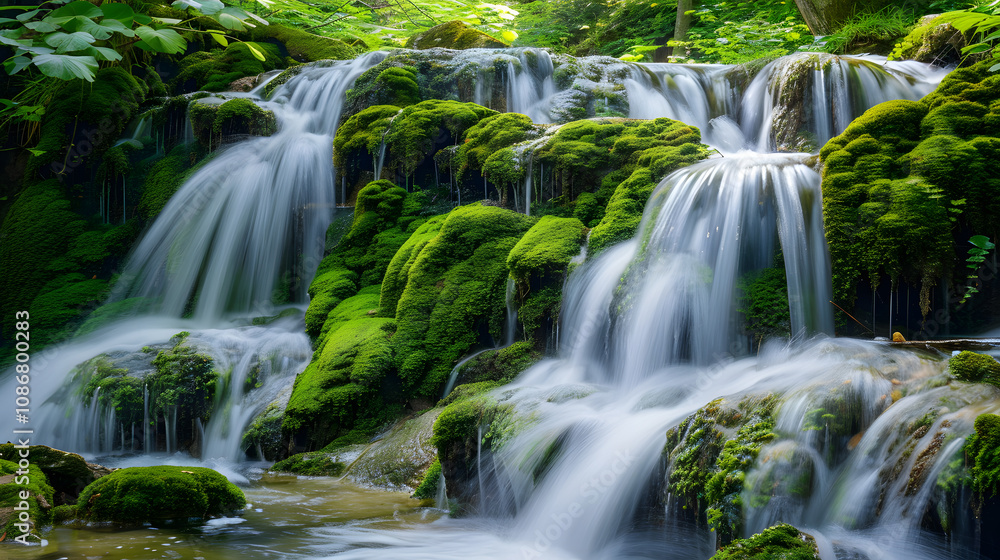 Obraz premium A beautiful waterfall surrounded by rocks and grass