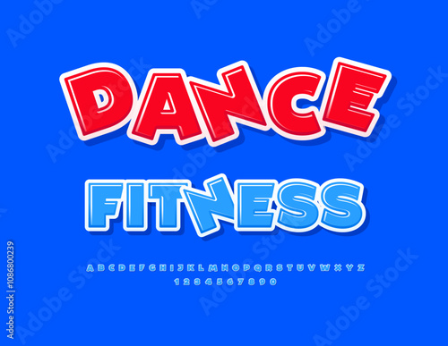 Vector artistic icon Dance Fitness. Modern Glossy Font. Fashion Blue Alphabet Letters and Numbers set