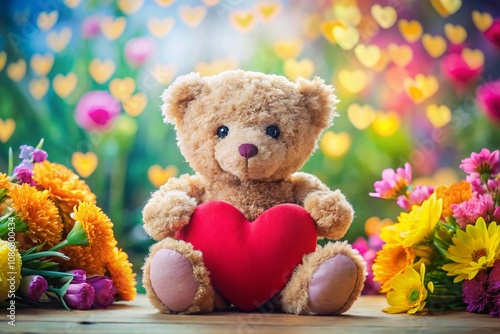 Cute Bear Holding a Heart-Shaped Valentine Card Surrounded by Colorful Flowers and Soft Pastel Background, Perfect for Celebrating Love and Affection on Valentine's Day