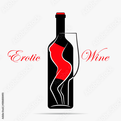 Wine Logo Bottle Woman. Sexy Lady in Red. Erotic background. Girl, Bar and Nightclub. Vector Illustration