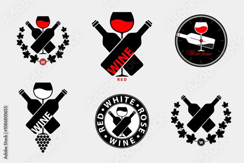 Logo Wine with bottle and wineglass. Set ector Illustration