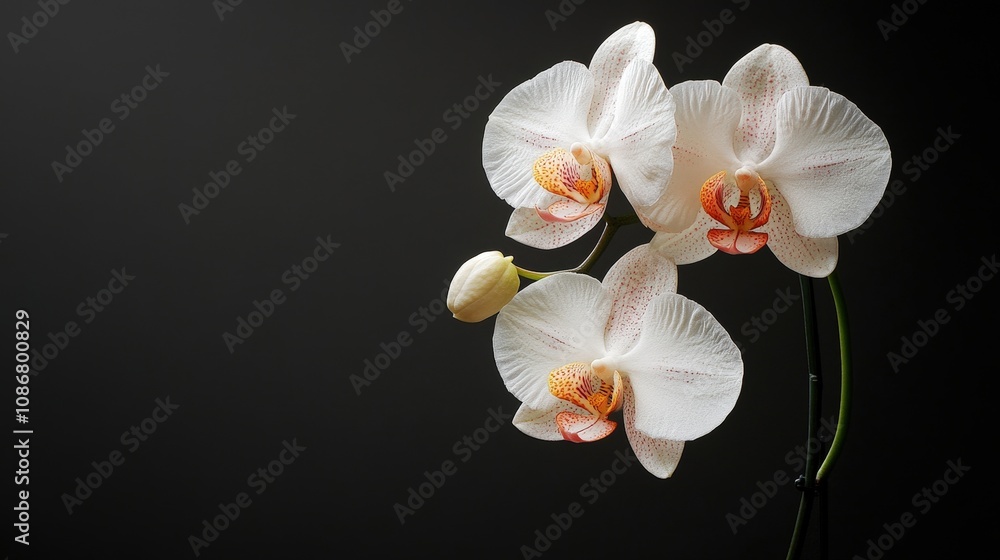 Elegant white orchids with delicate petals on a dark background showcasing their beauty and grace. Elegant white orchids with delicate petals on a dark background showcasing their beauty and grace.