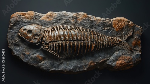 Fossilized fish skeleton displayed on a rock, showcasing ancient marine life for educational and scientific purposes. photo