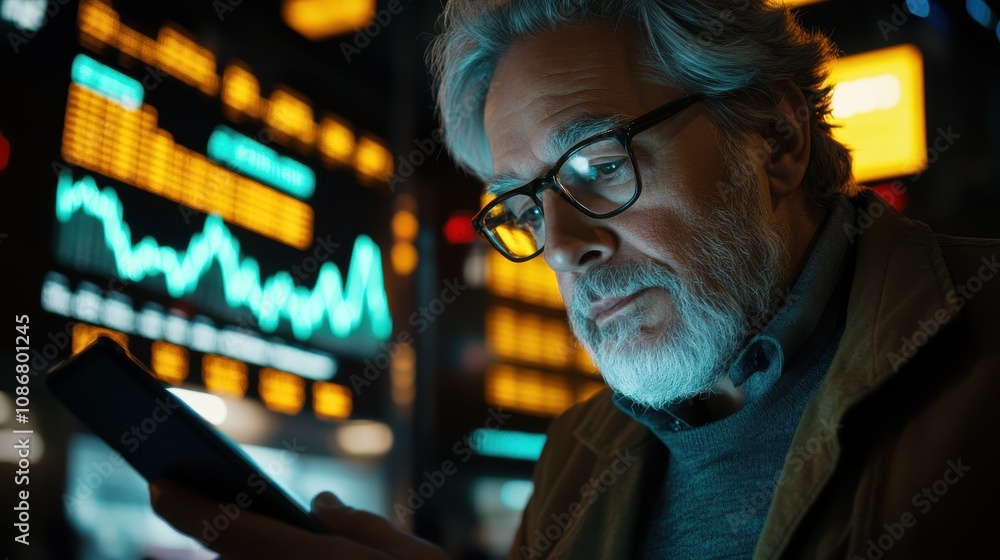 Mature businessman analyzing stock market trends on his smartphone in a modern trading environment with digital screens displaying financial data. Mature businessman analyzing stock market trends on his smartphone in a modern trading environment with digital screens displaying financial data.