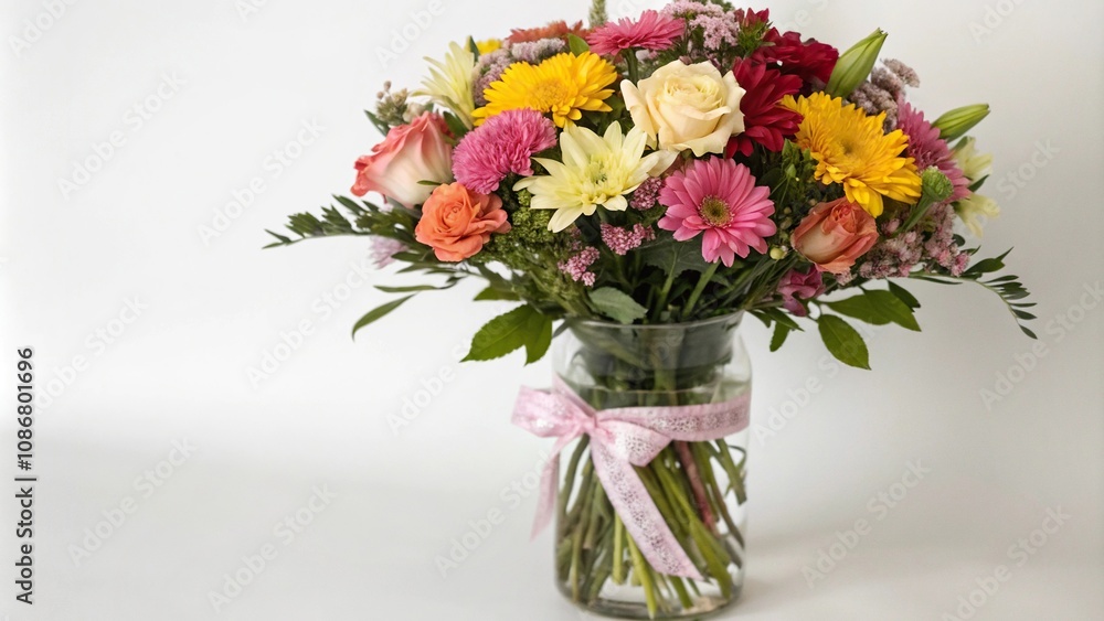 Fototapeta premium Father's Day bouquet of flowers in a vase with ribbon, flower colors, ribbon, vase