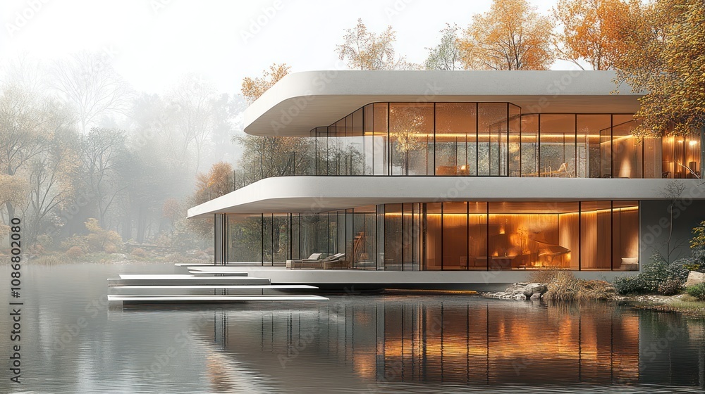 A 3D model of a contemporary lakeside house with large terraces, glass walls, and fine architectural details, on a white background. A 3D model of a contemporary lakeside house with large terraces, glass walls, and fine architectural details, on a white background.