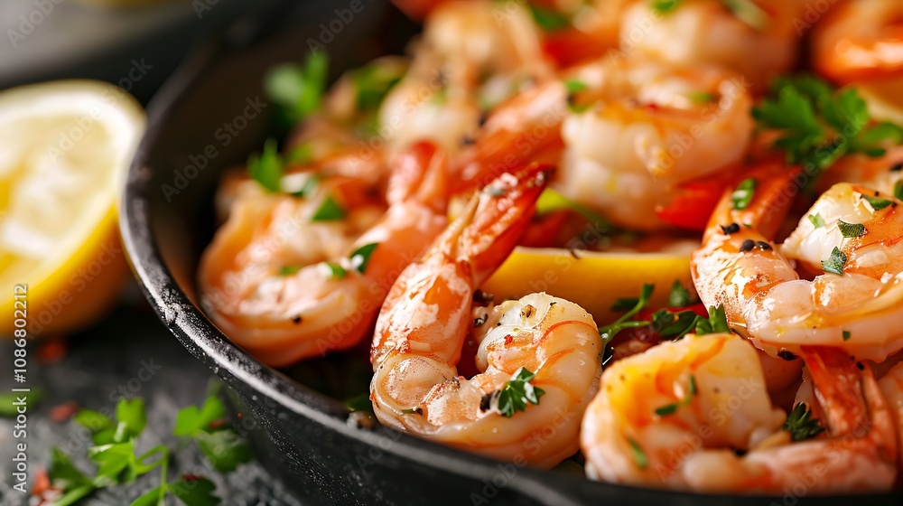 Shrimp roasted in an iron pot with lemon citrus fruits and delicate spices Shrimp roasted in an iron pot with lemon citrus fruits and delicate spices