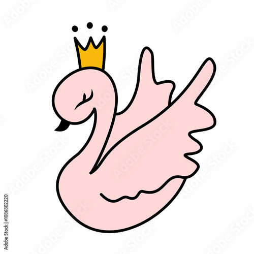 Cute swan princess with crown on a white background, t-shirt, baby shower, greeting card, kid clothes template. Vector illustration.
