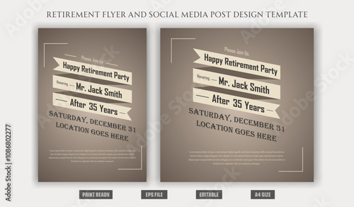 Happy Retirement Party Flyer banner poster design brochure a4 social media post design squire vintage, old tri-fold celebration festive vacation decoration print ready templates.