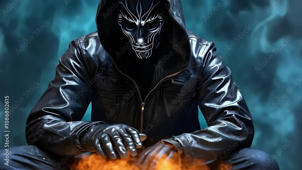 A hooded figure with a mask sits in front of a laptop, surrounded by flames and blue smoke, suggesting a cyber or hacking theme.