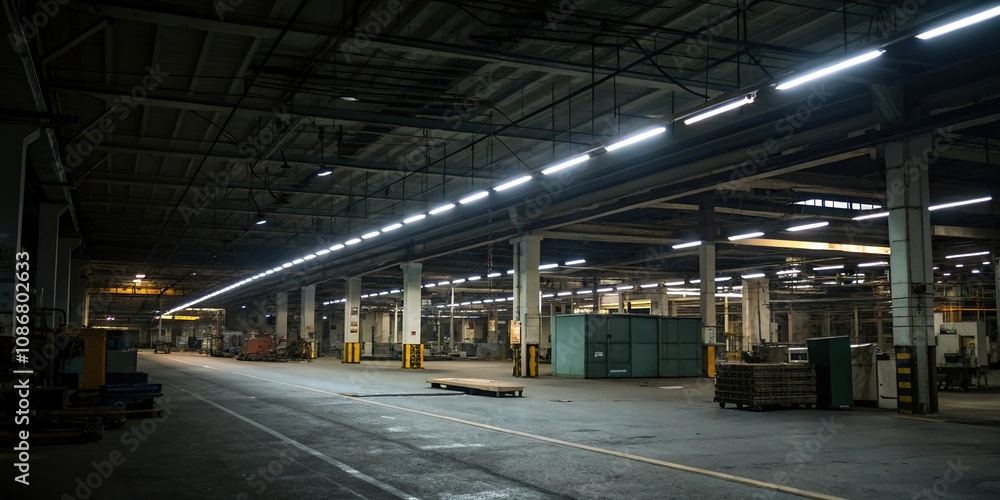 Flickering fluorescent lights in a factory, humming machinery, flickering glow, conveyor belt, steel pipes, factory interior Flickering fluorescent lights in a factory, humming machinery, flickering glow, conveyor belt, steel pipes, factory interior